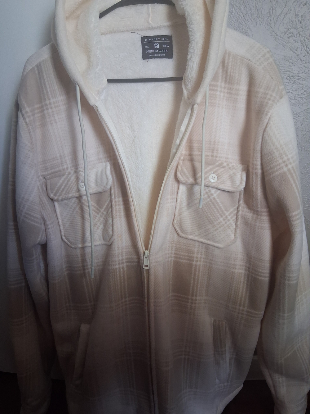 Men's Cream Plaid Sherpa-Lined Hoodie Jacket